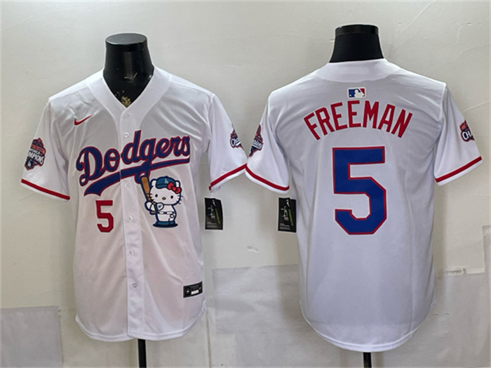 Men's Los Angeles Dodgers #5 Freddie Freeman White Hello Kitty Night 2025 World Series Champions Patch Stitched Baseball Jersey Men's Los Angeles Dodgers #5 Freddie Freeman White Hello Kitty Night 2025 World Series Champions Patch Stitched Baseball Jersey